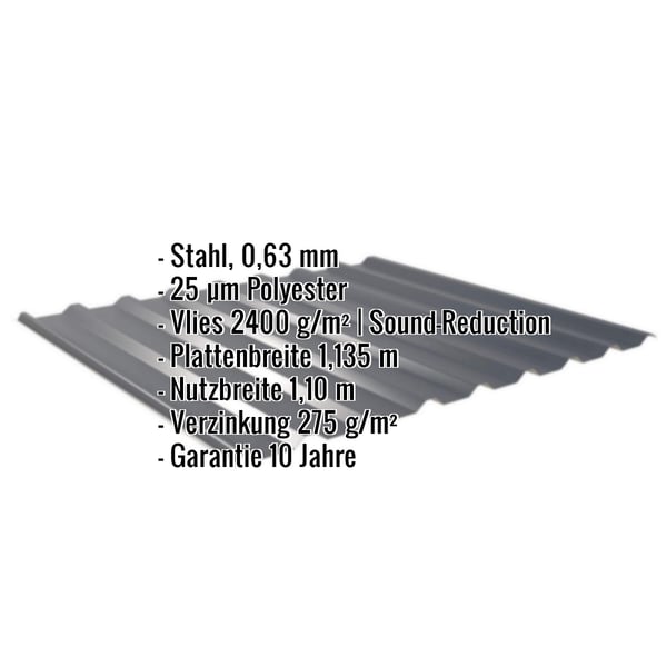 Trapezblech 20/1100 anthrazitgrau, Stahl 0,63 mm, Polyester 25 µm, Vlies 2400 g/m², Eckdaten eingeblendet