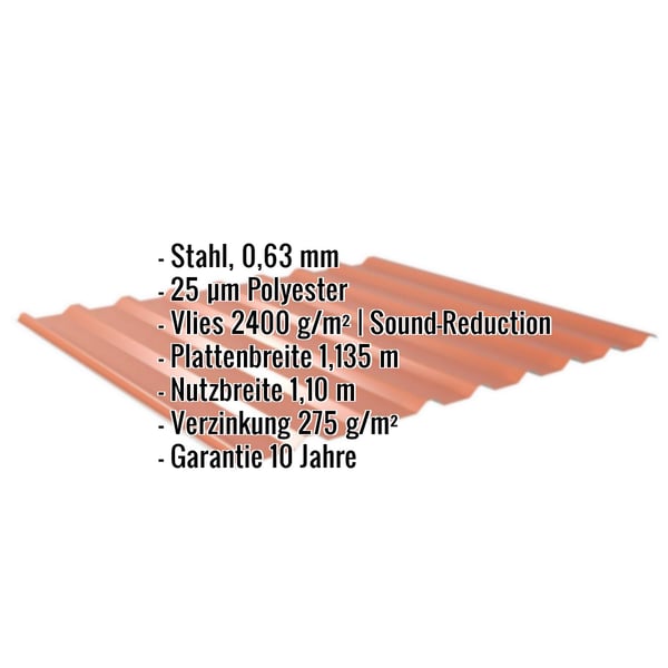 Trapezblech 20/1100 kupferbraun, Stahl 0,63 mm, mit eingeblendeten technischen Daten und Vliesbeschichtung