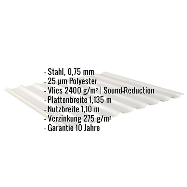 Trapezblech 20/1100, Stahl 0,75 mm, Weißaluminium RAL 9006, mit eingeblendeten Eckdaten