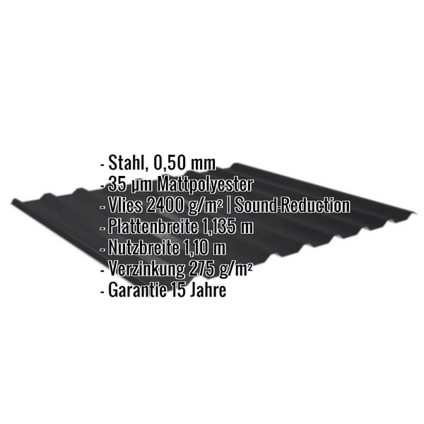 Trapezblech 20/1100 schwarz, 0,50 mm Stahl, mit eingeblendeten Eckdaten und Beschichtungsinformationen