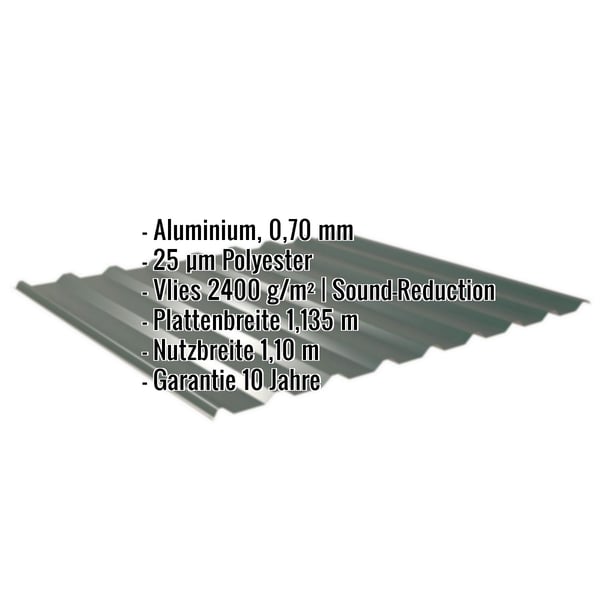 Trapezblech 20/1100 Aluminium Moosgrün mit eingeblendeten Eckdaten zu Material, Stärke, Beschichtung und Maßen