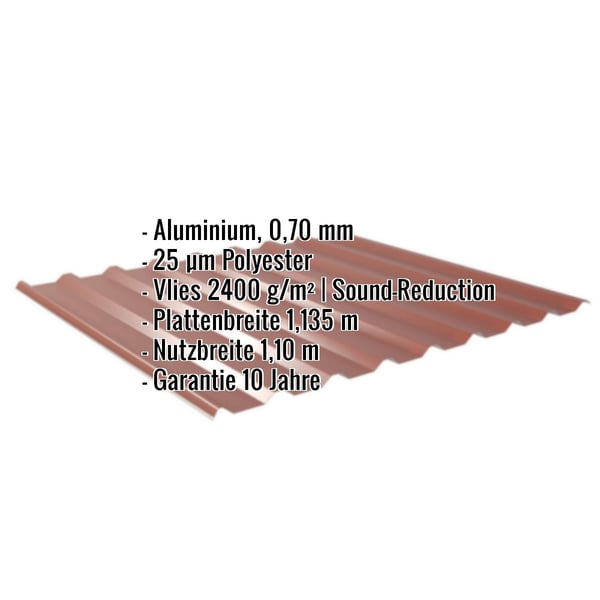 Trapezblech 20/1100 Aluminium 0,70 mm rotbraun mit eingeblendeten Eckdaten