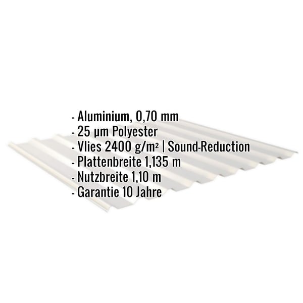 Trapezblech 20/1100 Aluminium RAL 9006 mit eingeblendeten Eckdaten zu Material, Staerke, Beschichtung und Massen