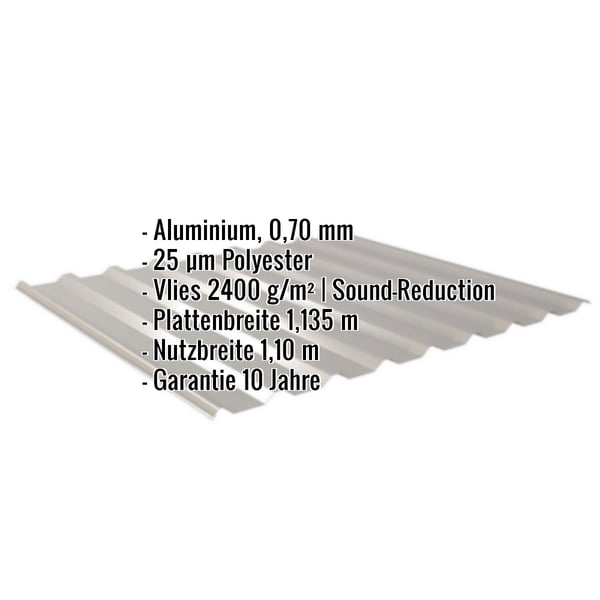 Trapezblech 20/1100 Aluminium RAL 9007 mit eingeblendeten Eckdaten zu Material, Beschichtung und Massen
