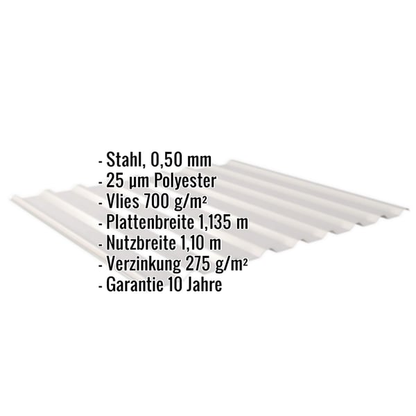 Trapezblech 20/1100 Lichtgrau RAL 7035 mit Eckdaten Stahl 0,50 mm, 25 µm Polyester, Vlies 700 g/m², infografik