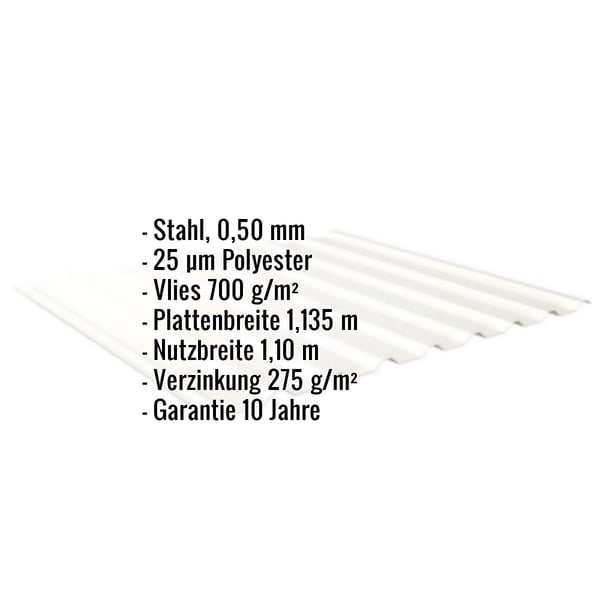 Trapezblech 20/1100 Reinweiß (RAL 9010) mit eingeblendeten Eckdaten zu Material, Stärke, Beschichtung und Maßen