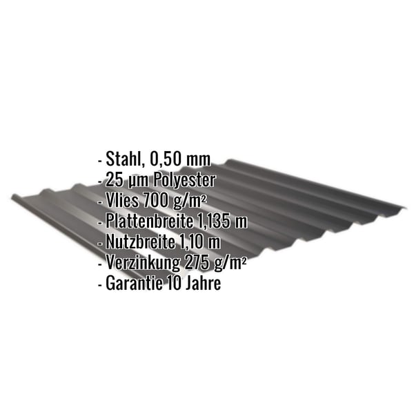 Trapezblech 20/1100 Tiefschwarz mit eingeblendeten Eckdaten zu Material, Staerke, Beschichtung und Garantie