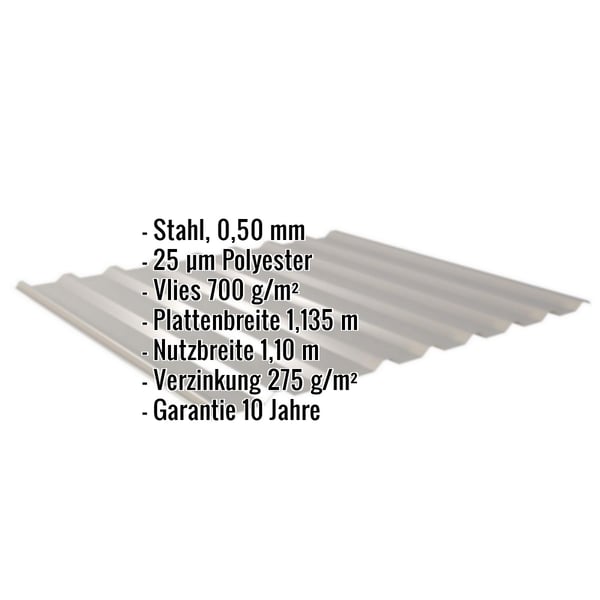 Trapezblech 20/1100 Graualuminium mit eingeblendeten Eckdaten zu Material, Staerke und Beschichtung