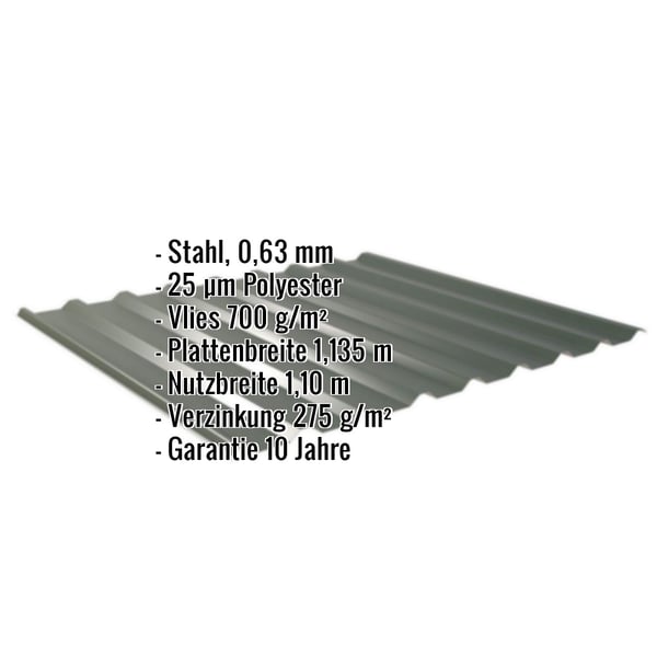 Trapezblech 20/1100 in Chromoxidgrün mit eingeblendeten Eckdaten zu Material, Stärke, Beschichtung und Garantie