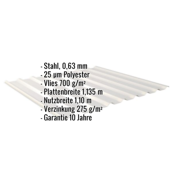 Infografik: Trapezblech 20/1100 mit Eckdaten Stahl 0,63 mm, 25 µm Polyester, Vlies 700 g/m², Plattenbreite 1,135 m