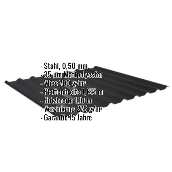 Trapezblech 20/1100 schwarz, 0,50 mm Stahl, mit eingeblendeten Eckdaten zu Material und Abmessungen