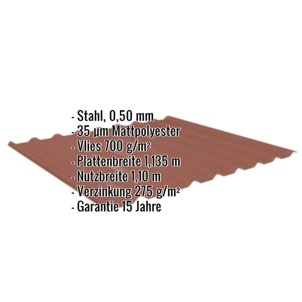 Trapezblech 20/1100 ziegelrot, Stahl 0,50 mm, 35 µm Mattpolyester, Vlies 700 g/m², mit eingeblendeten Eckdaten