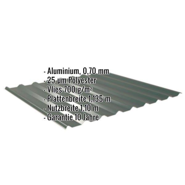 Trapezblech 20/1100 Aluminium 0,70 mm Moosgrün, Infografik mit Eckdaten und Garantie