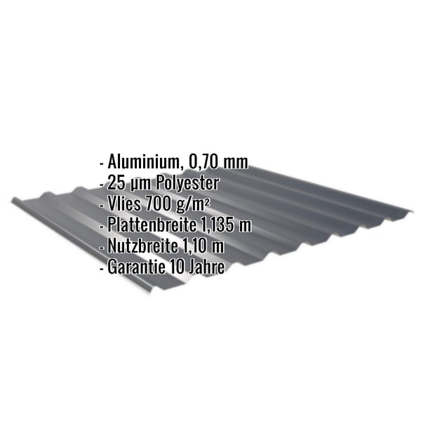 Trapezblech 20/1100 Aluminium 0,70 mm Anthrazitgrau mit Polyesterbeschichtung und eingeblendeten Eckdaten