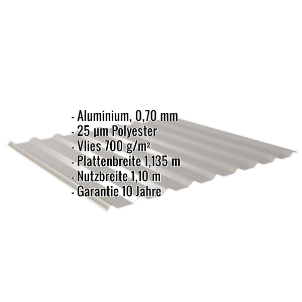 Trapezblech 20/1100 Aluminium Graualuminium mit eingeblendeten Eckdaten zu Material, Beschichtung und Massen