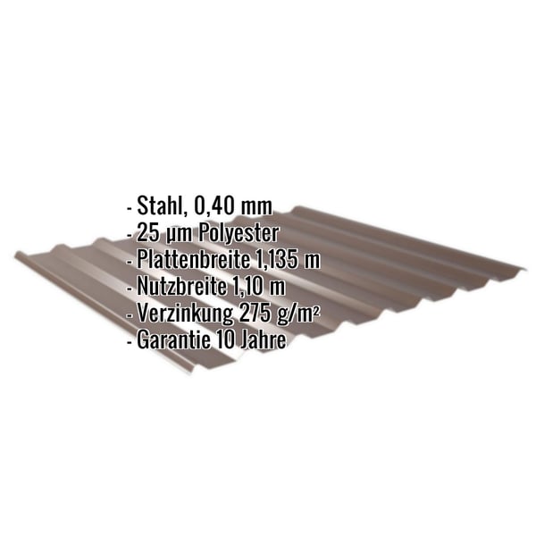 Trapezblech 20/1100 in Sepiabraun, 0,40 mm Stahl, mit eingeblendeten Eckdaten zu Material und Garantie