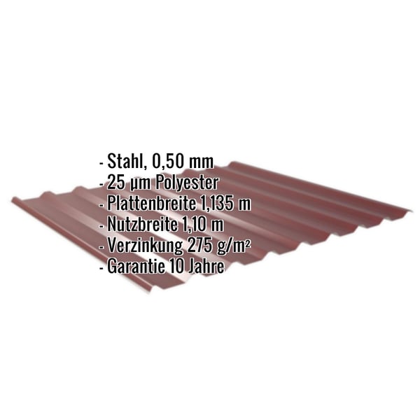 Trapezblech 20/1100 weinrot, Stahl 0,50 mm, mit eingeblendeten technischen Daten
