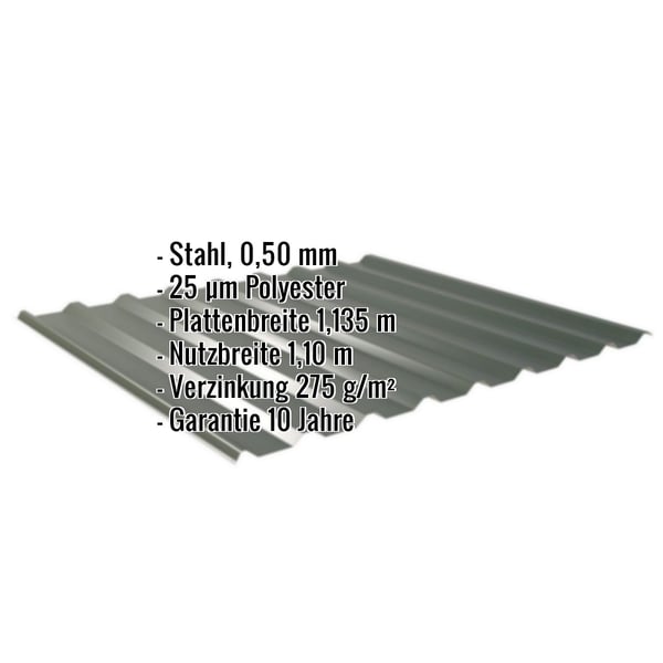 Trapezblech 20/1100 in Chromoxidgrün, 0,50 mm, mit eingeblendeten Eckdaten zu Material, Stärke und Garantie