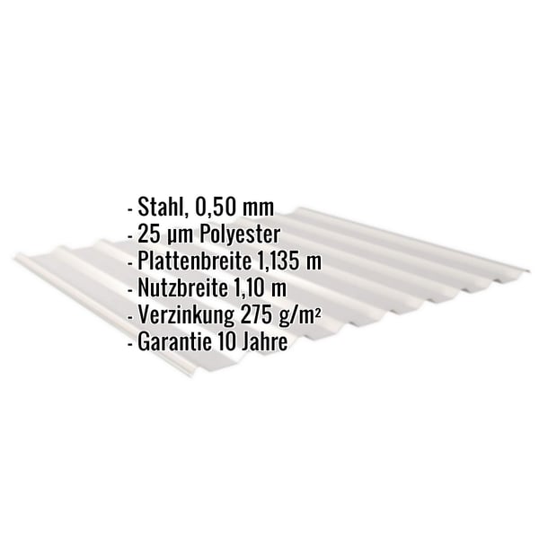 Trapezblech 20/1100 Lichtgrau mit eingeblendeten Eckdaten zu Material, Beschichtung und Massen
