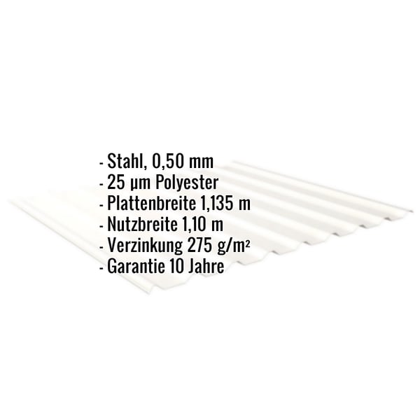 Trapezblech 20/1100, Reinweiß, mit eingeblendeten Eckdaten zu Material, Stärke und Beschichtung