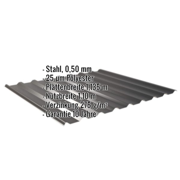 Trapezblech 20/1100 Tiefschwarz mit eingeblendeten Eckdaten: Stahl 0,50 mm, 25 µm Polyester, 10 Jahre Garantie