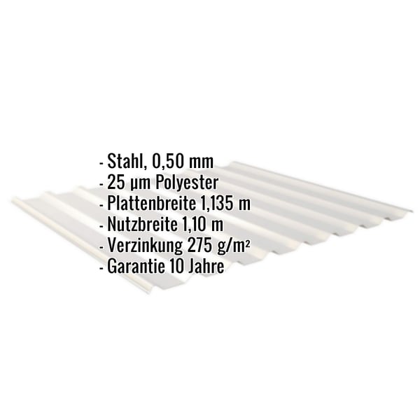 Trapezblech 20/1100, Weißaluminium, mit eingeblendeten Eckdaten zu Material, Stärke, Beschichtung und Garantie