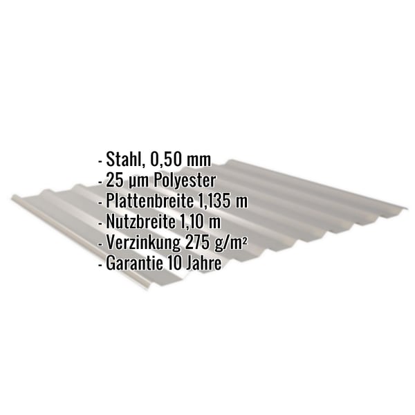 Trapezblech 20/1100, Graualuminium, Stahl 0,50 mm, mit eingeblendeten Eckdaten und Garantiehinweis