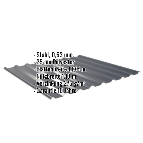 Trapezblech 20/1100 anthrazitgrau mit eingeblendeten Eckdaten zu Material, Beschichtung, Breite und Garantie