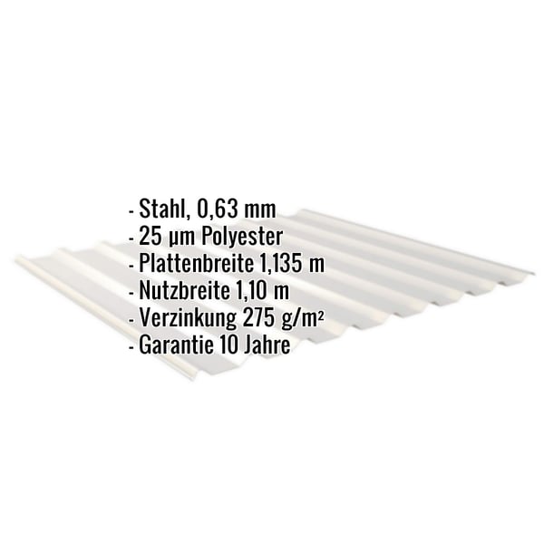 Trapezblech Dach Weißaluminium, 0,63 mm Stahl, 25 µm Polyester, mit eingeblendeten Eckdaten