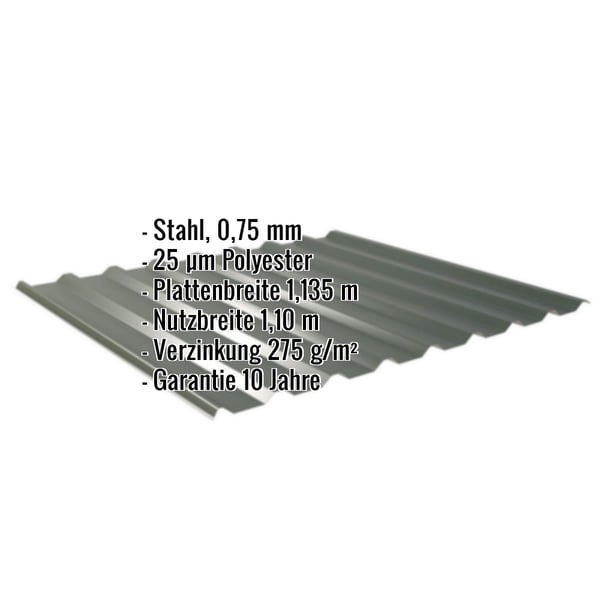 Trapezblech 20/1100, Stahl 0,75 mm, Chromoxidgrün RAL 6020, mit eingeblendeten Eckdaten