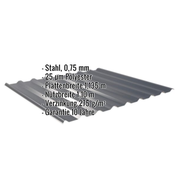 Trapezblech 20/1100 anthrazitgrau, Stahl 0,75 mm, 25 µm Polyester, mit eingeblendeten Eckdaten