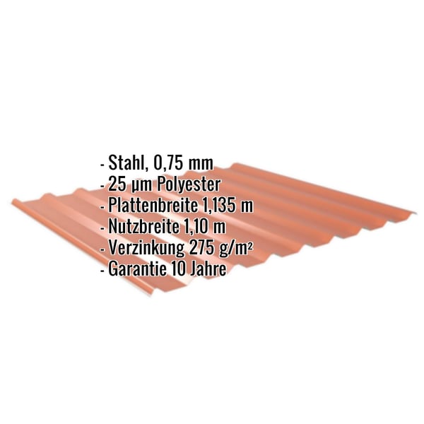 Trapezblech 20/1100 in Kupferbraun mit eingeblendeten Eckdaten zu Material, Staerke und Beschichtung