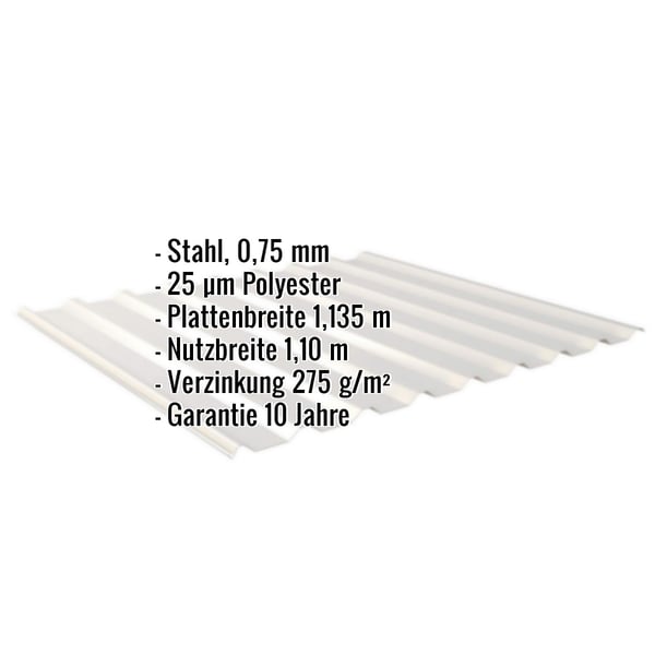 Trapezblech 20/1100 in Weißaluminium, mit eingeblendeten Eckdaten zu Material, Beschichtung und Massen