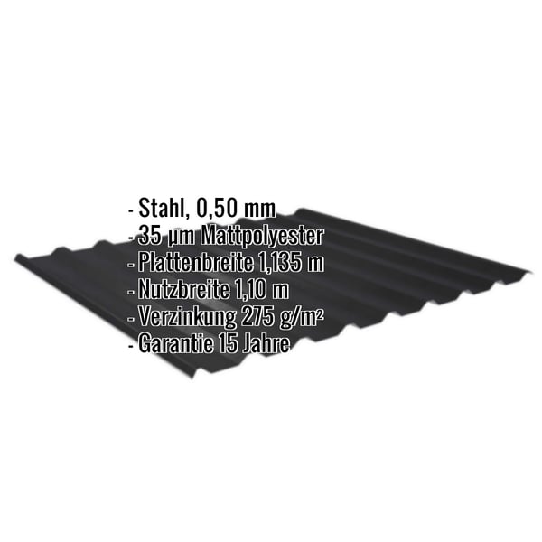 Trapezblech 20/1100 aus Stahl, 0,50 mm, Schwarz, mit eingeblendeten Eckdaten zu Material und Massen