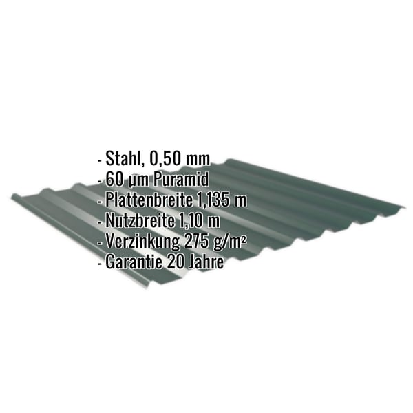 Trapezblech 20/1100 moosgrün, Stahl 0,50 mm, Puramid 60 µm, mit eingeblendeten Eckdaten