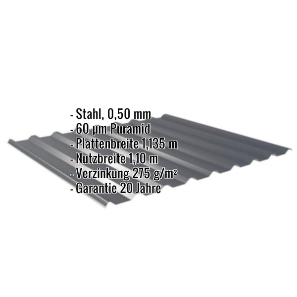 Trapezblech 20/1100 anthrazitgrau, 0,50 mm Stahl, mit eingeblendeten Eckdaten und Beschichtung Puramid