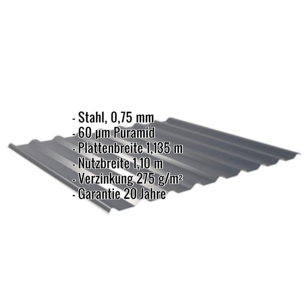 Trapezblech 20/1100 anthrazitgrau mit eingeblendeten Eckdaten: Stahl, 0,75 mm, 60 µm Puramid, Plattenbreite, Nutzbreite,
