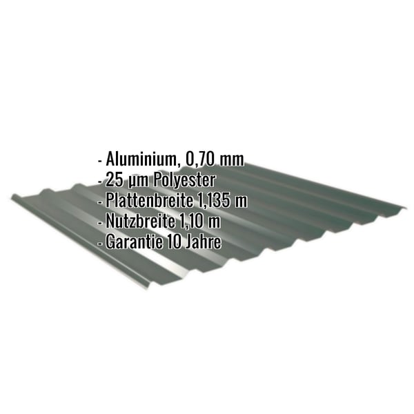 Trapezblech 20/1100 Aluminium 0,70 mm Moosgrün, Infografik mit Eckdaten und Garantie