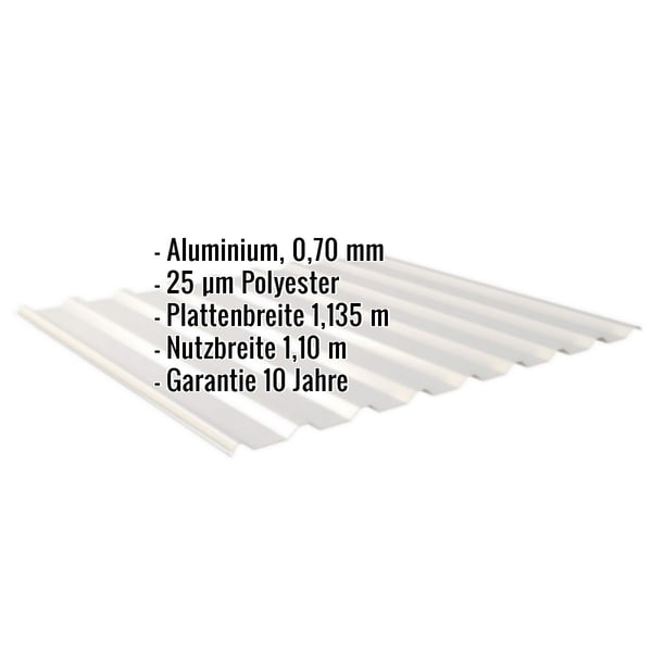 Trapezblech 20/1100 Aluminium Weißaluminium mit eingeblendeten Eckdaten zu Material, Beschichtung und Massen