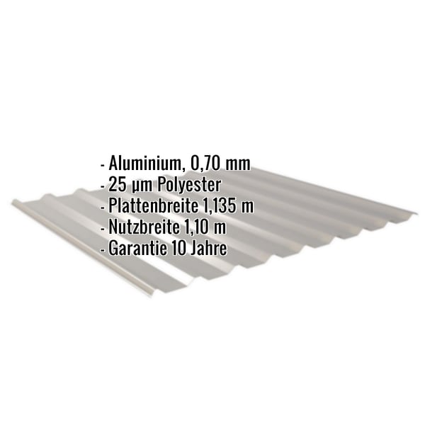 Trapezblech 20/1100 Graualuminium mit eingeblendeten Eckdaten zu Material, Stärke, Breite und Garantie