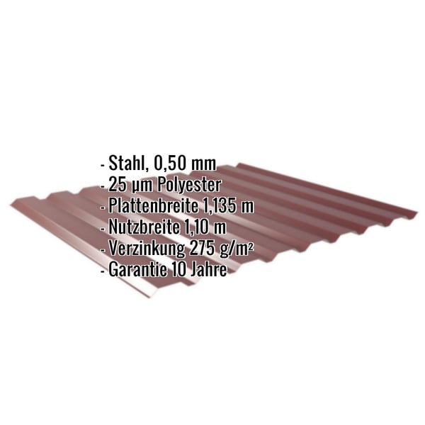Trapezblech 20/1100 weinrot, Stahl 0,50 mm, mit eingeblendeten technischen Eckdaten