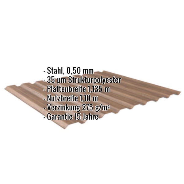 Trapezblech 20/1100 Eiche, 0,50 mm Stahl, mit eingeblendeten Eckdaten