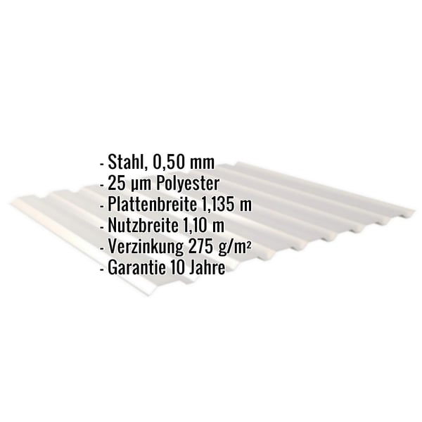 Trapezblech 20/1100, Lichtgrau, mit eingeblendeten Eckdaten zu Material, Staerke und Beschichtung