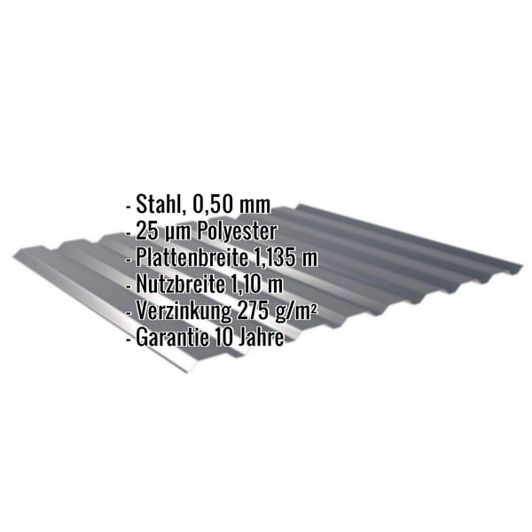 Trapezblech 20/1100, Anthrazitgrau RAL 7016, 0,50 mm Stahl, mit eingeblendeten Eckdaten