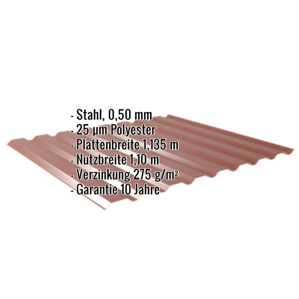 Trapezblech 20/1100 Rotbraun mit eingeblendeten Eckdaten zu Material, Staerke, Beschichtung und Garantie