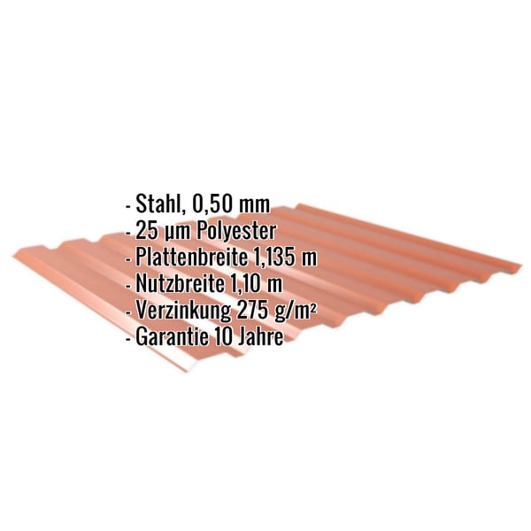 Trapezblech 20/1100 Wand Kupferbraun RAL 8004 mit eingeblendeten Eckdaten zu Material, Stärke und Beschichtung