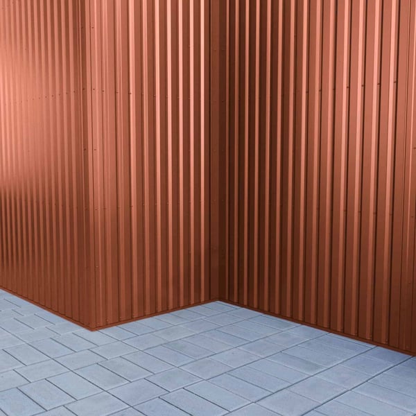 Detailansicht der vertikalen Verlegung von Trapezblech 20/1100 Wand in Kupferbraun RAL 8004