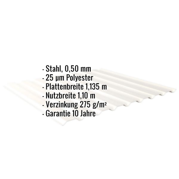 Trapezblech 20/1100 Wand, Reinweiß RAL 9010, mit eingeblendeten Eckdaten zu Material, Stärke und Beschichtung
