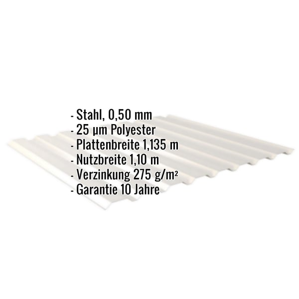 Trapezblech 20/1100, Stahl 0,50 mm, Grauweiß RAL 9002, mit eingeblendeten Eckdaten und Garantiehinweis