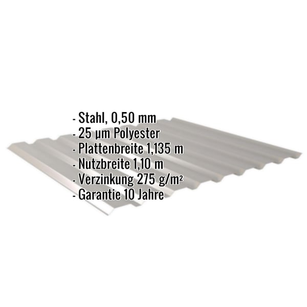 Trapezblech 20/1100, Graualuminium, mit eingeblendeten Eckdaten zu Material, Beschichtung und Massen